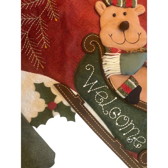 Christmas Tree Skirt Whimsical Skiing Reindeer Green Backing Large 48" Across - Picture 5 of 7